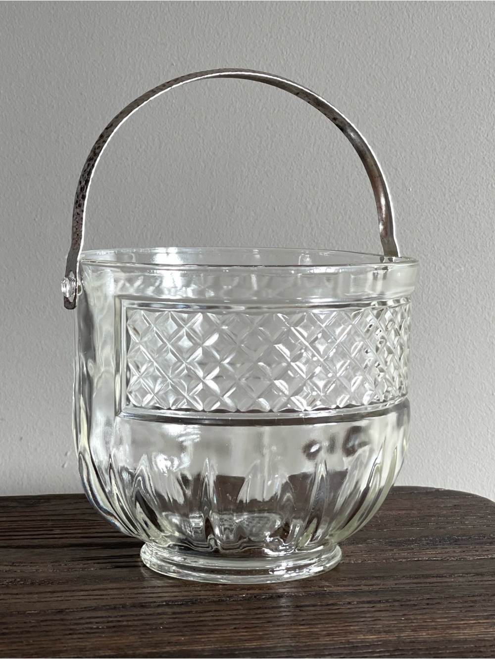 Vintage Clear Glass Ice Bucket with Silver Handle